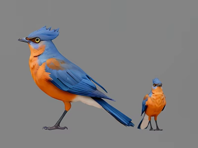 Two Blue and Orange Birds Standing on Gray Background with One Large and One Small 3d model