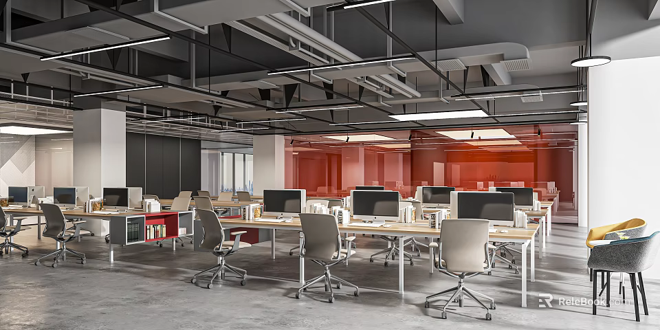 Modern Public Office Space With Open Layout Desks Computers And Office Chairs 3d model 