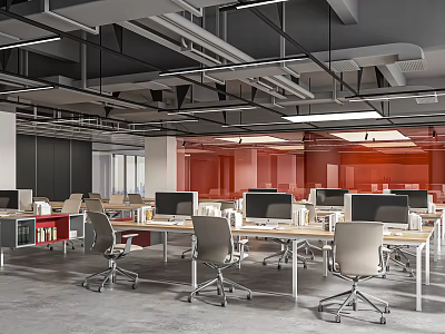 Modern Public Office Space With Open Layout Desks Computers And Office Chairs 3d model