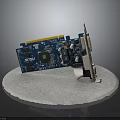 Blue Circuit Board Graphics Card Displayed On Stand With Chip Ports And Gold Fingers