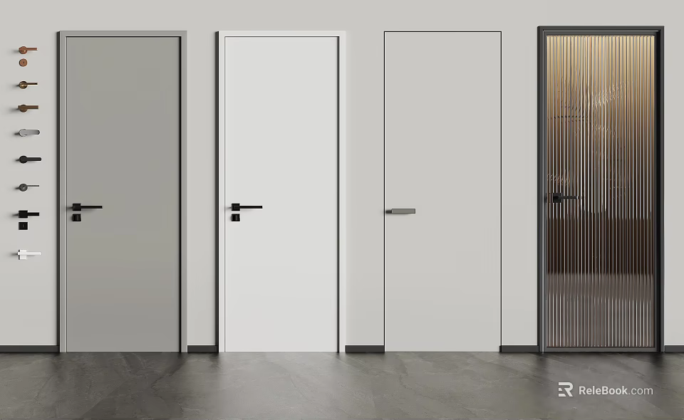 Hinged Interior Doors Modern Design With Various Colors Metal Handles And Glass Panel 3d model 