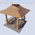 Wooden Garden Pavilion Featuring Four-Sided Roof and Benches Under Blue Sky White Clouds