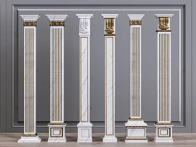 Classical Roman Columns Featuring White Marble Gold Accents And Various Designs 3d model