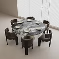 Round Marble Top Dining Table Set with Six Dark Brown Chairs and White Blinds 3d model