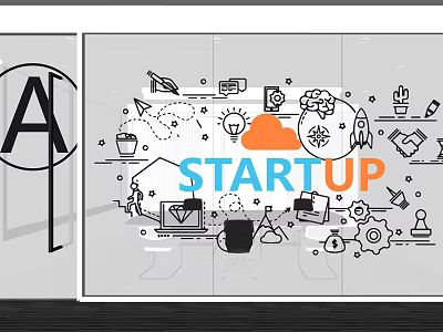 Startup Themed Window Display Featuring Large Letter A Various Startup Icons And STARTUP Text 3d model