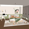Kids Room Interior Design With White Chandelier Bed Green Blanket Pillows And Wooden Toys