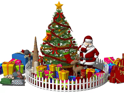 Christmas Photo Check in Spot With Decorated Tree Santa Reindeer Gifts And White Fence 3d model
