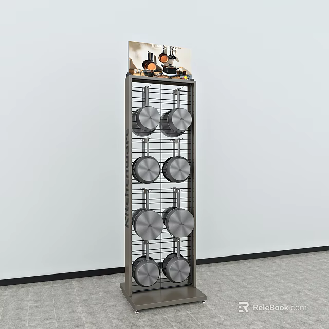 Metal Display Shelf With Multiple Pans And Kitchen Items On Top 3d model