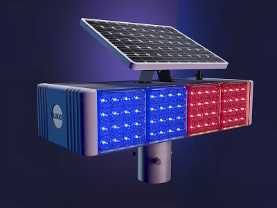 Solar Powered Traffic Light With Blue Red LED Lights And Solar Panel 3d model