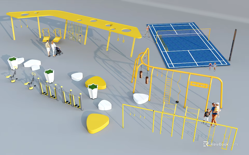 Outdoor Fitness Sports Area With Yellow Climbing Frames Parallel Bars Tennis Court And People Exercising 3d model 