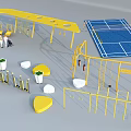 Outdoor Fitness Sports Area With Yellow Climbing Frames Parallel Bars Tennis Court And People Exercising