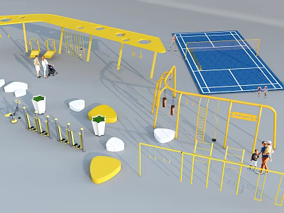 Outdoor Fitness Sports Area With Yellow Climbing Frames Parallel Bars Tennis Court And People Exercising 3d model