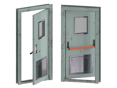 Green Metal Sliding Doors With Glass Panels Vent Grilles Orange Handle One Open One Closed 3d model