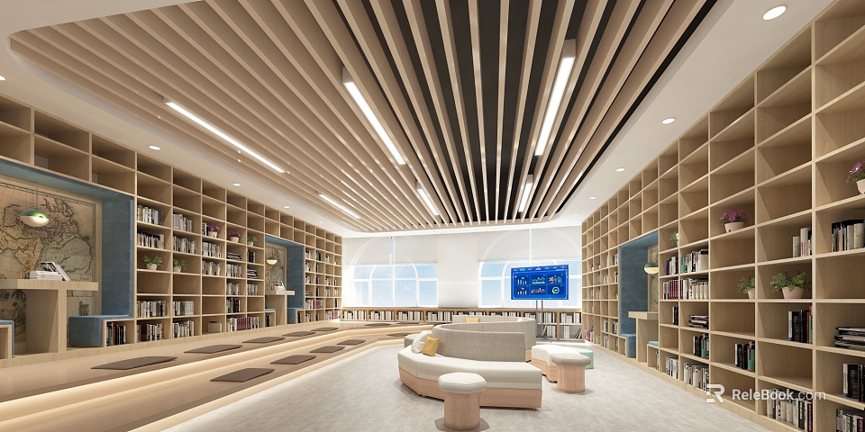 Book Art Inspired Modern Library Interior With Wooden Bookshelves Sofa And Blue Screen 3d model 