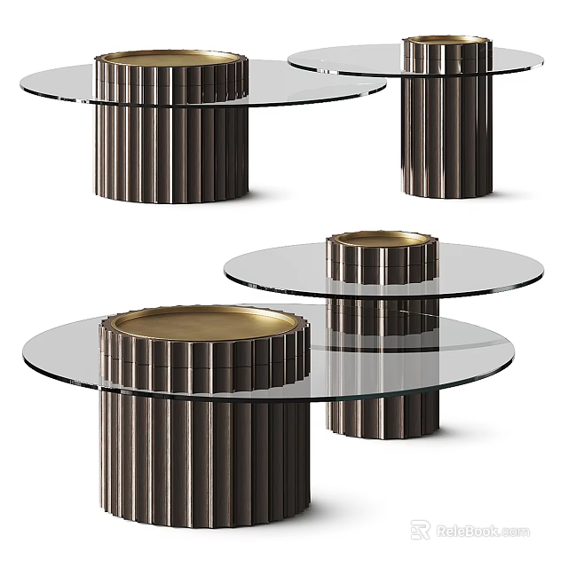 Modern Round Coffee Table Design With Glass Top Ribbed Metal Base And Gold Accents 3d model 