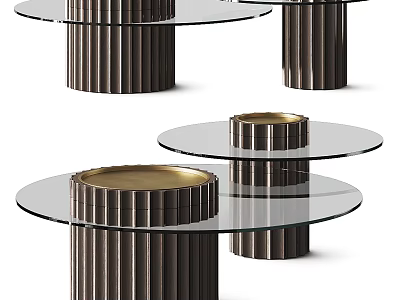 Modern Round Coffee Table Design With Glass Top Ribbed Metal Base And Gold Accents 3d model