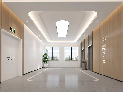 Elevator Hallway With Wooden Walls White Doors Gray Flooring Recessed Ceiling Lights And Windows 3d model