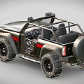 Modified Off Road Vehicle With Open Top Large Tires Red Stripes And Front Grille