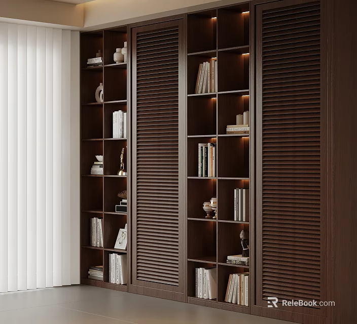 Modern Wooden Bookcase Interior Design With Multiple Shelves Books And Decorative Items 3d model 