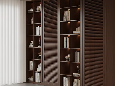 Modern Wooden Bookcase Interior Design With Multiple Shelves Books And Decorative Items 3d model