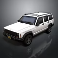White Classic SUV With Roof Rack Black Wheels On Dark Reflective Surface