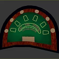 Curved Casino Gambling Table With Green Felt Surface And Red Wooden Frame