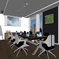 Modern Conference Room With Long Table Laptops Chairs Large Windows City View Living Plant Wall