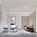 Modern Open Office Interior With White Bookshelves Blue Chairs Desk And Sofa