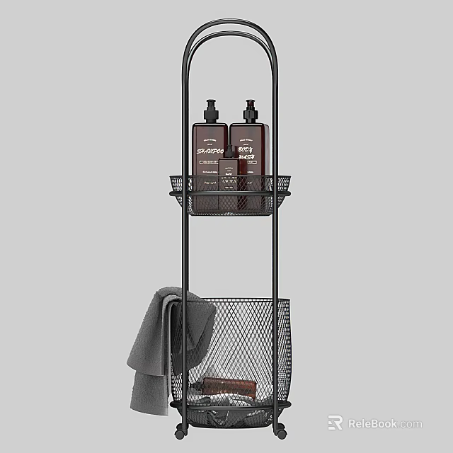Black Metal Bathroom Storage Rack With Tiered Wire Baskets Holding Toiletries And Towel 3d model 