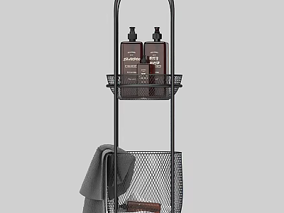 Black Metal Bathroom Storage Rack With Tiered Wire Baskets Holding Toiletries And Towel 3d model