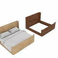 Wooden Double Bed with Headboard and White Bed Sheets and Pillows