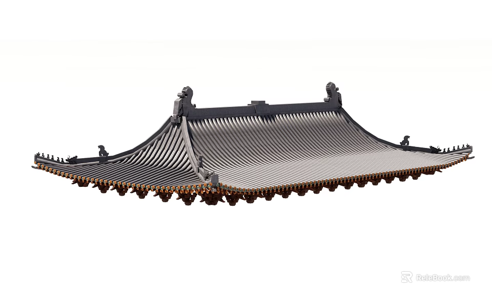 Traditional Chinese Roof Structure With Tile Roofing Ridge Ornaments And Curved Eaves Design 3d model 