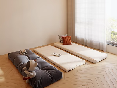 Minimalist Room Setup With Floor Cushions Plush Toy And Wooden Flooring 3d model