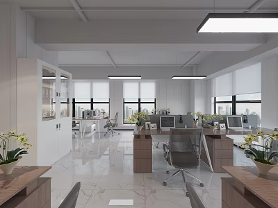 Modern Public Office Space With Desks Computers Windows Pendant Lights And Potted Plants 3d model