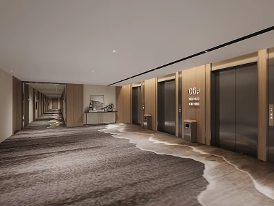 Modern Hotel Corridor With Wooden Walls Elevators Plush Carpet And Ceiling Lights 3d model