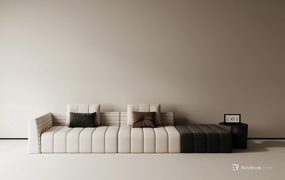 Modern Three Seater Sofa With Beige Dark Gray Patchwork Decorative Cushions Side Table Photo Frame 3d model