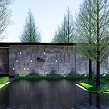 Modern Sales Office Building With Glass Facade Geometric Roof Surrounded by Trees And Water Features