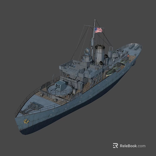 Vintage Naval Warship Displaying American Flag on Deck and Smokestack with Military Equipment 3d model 