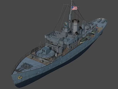 Vintage Naval Warship Displaying American Flag on Deck and Smokestack with Military Equipment 3d model
