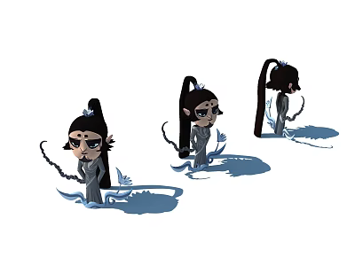 Cartoon Style Game Movie Female Character With Long Black Hair Hair Accessory Blue Watery Elements Various Angles 3d model