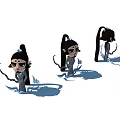 Cartoon Style Game Movie Female Character With Long Black Hair Hair Accessory Blue Watery Elements Various Angles