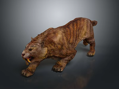 Ferocious Prehistoric Big Cat Running With Brown Yellow Striped Fur And Open Mouth Showing Teeth 3d model