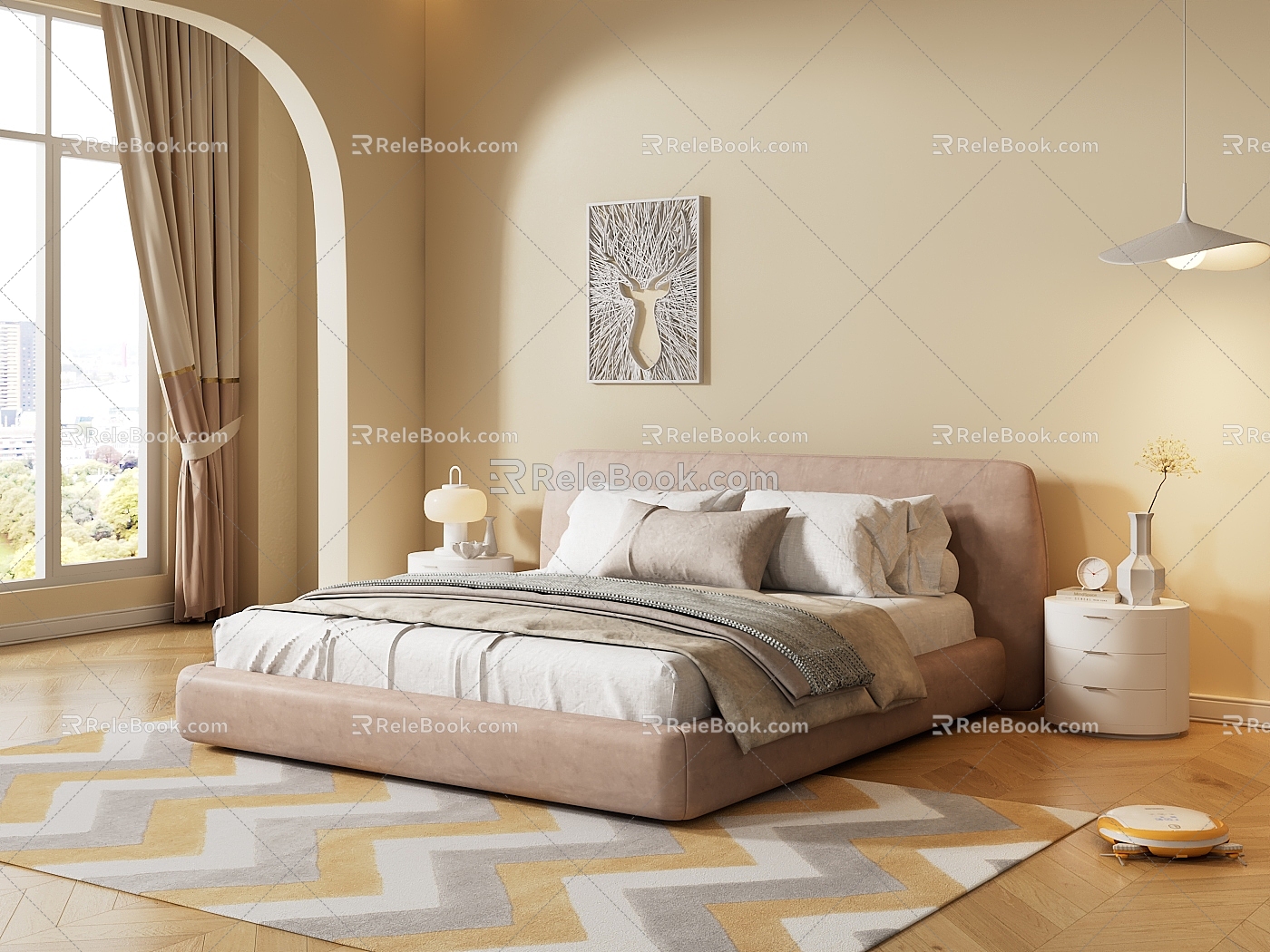 Home Bedroom Double Bed Cream Style Leather Bed Carpet Bedside Cabinet Chandelier Wall Decoration Pendant model