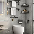 Modern Bathroom Accessories With Towel Racks Shelves Hooks And Toiletries On Gray Marble Walls
