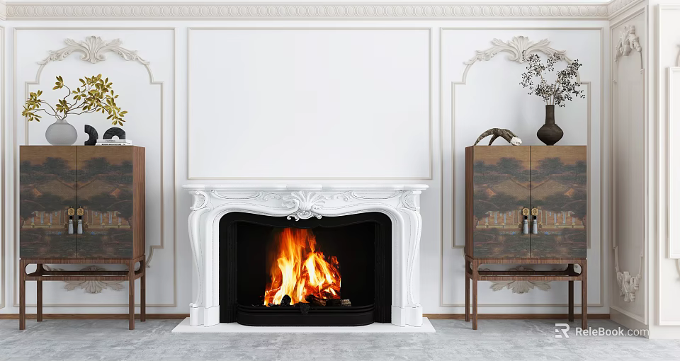 Classic White Fireplace with Ornate Mantel and Burning Fire in Paneled Room with Wooden Cabinets 3d model 