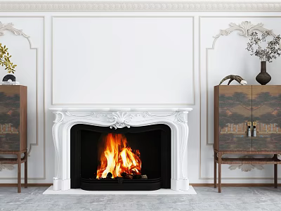 Classic White Fireplace with Ornate Mantel and Burning Fire in Paneled Room with Wooden Cabinets 3d model