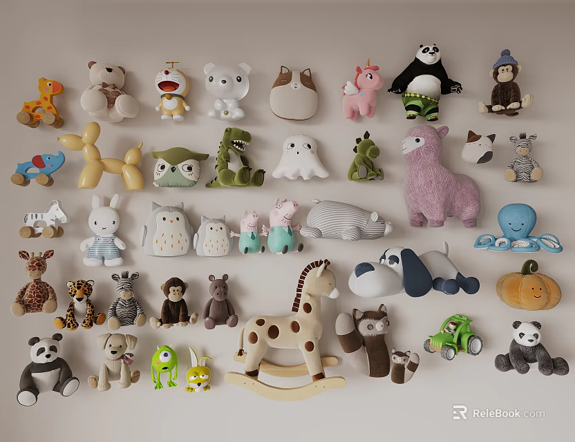 Assorted Plush Stuffed Animals Collection with Bear Panda Rabbit Giraffe Dinosaur Owl Designs 3d model 