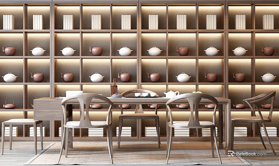 Traditional Wooden Tea Table And Chairs With Shelves Of Teapots And Warm Lighting 3d model 