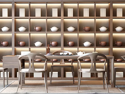 Traditional Wooden Tea Table And Chairs With Shelves Of Teapots And Warm Lighting 3d model