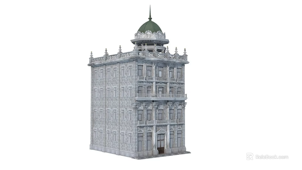 Multi Storey Commercial Complex With Stone Facade Green Dome And Ornate Balconies 3d model 